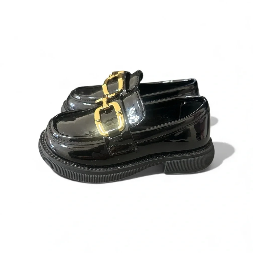 New Oamico Toddler Girls 7 Shiny Black Gold Buckle Slide On Loafer Dress Shoes